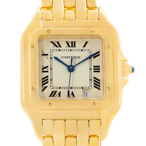 This Cartier Panthere Yellow Gold Silver Dial Yellow Gold Silver Dial watch is displayed from a front angle, showing the dial, Roman numerals, hands, and part of the bracelet.