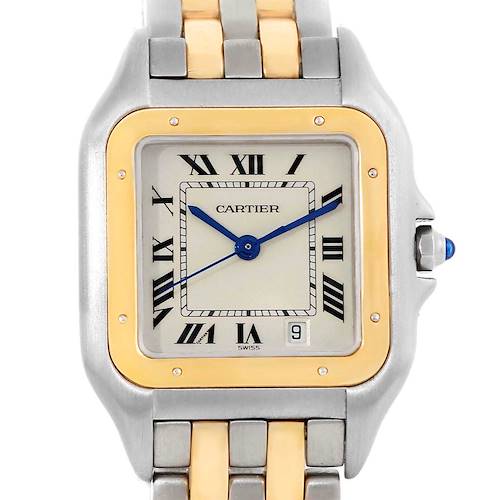 The image shows a front view of a Cartier Panthere W25028B8 Men's Steel and Gold (two tone) Silver Dial W25028B8 Men's Steel and Gold (two tone) Silver Dial watch, highlighting its dial, bezel, and part of the bracelet.