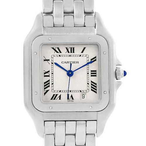 The image shows a front view of the Cartier Panthere W25054P5 Stainless Steel Silver Dial W25054P5 Stainless Steel Silver Dial watch, displaying the face, Roman numerals, blue hands, and part of the bracelet.