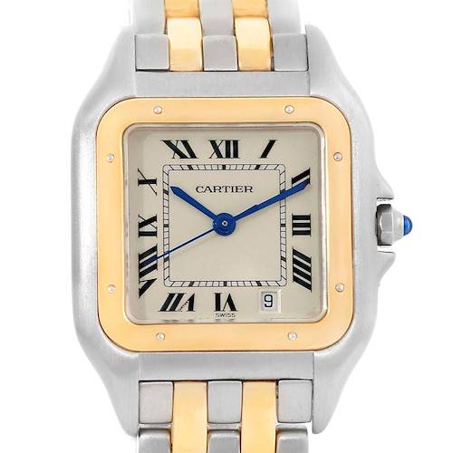 This is a close-up of the Cartier Panthere W25028B8 Steel and Gold (two tone) Silver Dial W25028B8 Steel and Gold (two tone) Silver Dial watch, showing the face, bezel, and part of the bracelet.