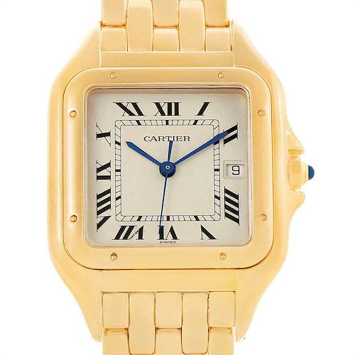 This image shows a close-up frontal view of a Cartier Panthere W25014B9 Men's Yellow Gold Silver Dial W25014B9 Men's Yellow Gold Silver Dial watch, highlighting its face, bezel, and bracelet.