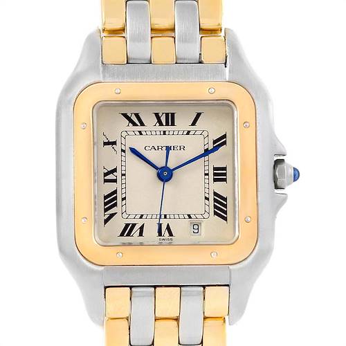 The Cartier Panthere W25028B6 Steel and Gold (two tone) Silver Dial W25028B6 Steel and Gold (two tone) Silver Dial watch is shown from the front, highlighting its dial, case, and part of its bracelet.