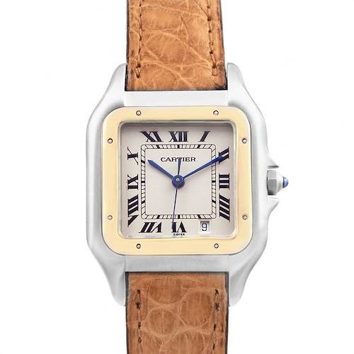 The Cartier Panthere W25028B6 Steel and Gold (two tone) Silver Dial W25028B6 Steel and Gold (two tone) Silver Dial model watch is shown from a front angle, displaying the face, case, and part of the brown leather strap.