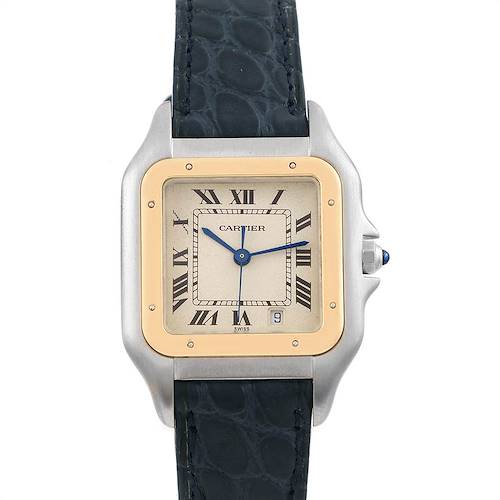 The image shows a Cartier Panthere W25028B6 Steel and Gold (two tone) Silver Dial W25028B6 Steel and Gold (two tone) Silver Dial watch, front view, featuring its square face, Roman numerals, blue hands, and black leather strap.