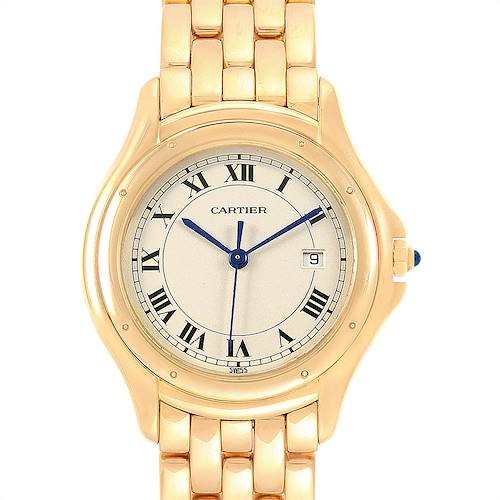 This image shows a close-up, front angle of the Cartier Panthere 887904 Men's Yellow Gold Silver Dial 887904 Men's Yellow Gold Silver Dial watch, displaying its dial, Roman numeral markers, hands, and part of the bracelet.