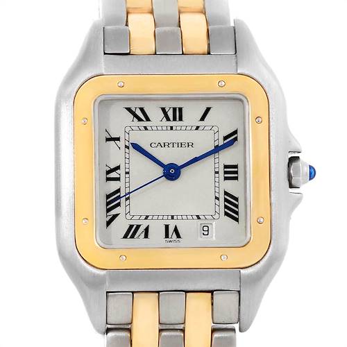 The image shows the front face and part of the bracelet of a Cartier Panthere W25028B8 Steel and Gold (two tone) Silver Dial W25028B8 Steel and Gold (two tone) Silver Dial watch.