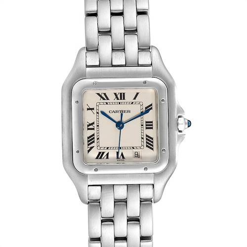 The image shows a front view of the Cartier Panthere W25054P5 Men's Stainless Steel Silver Dial W25054P5 Men's Stainless Steel Silver Dial watch, highlighting the face, bezel, and part of the bracelet.