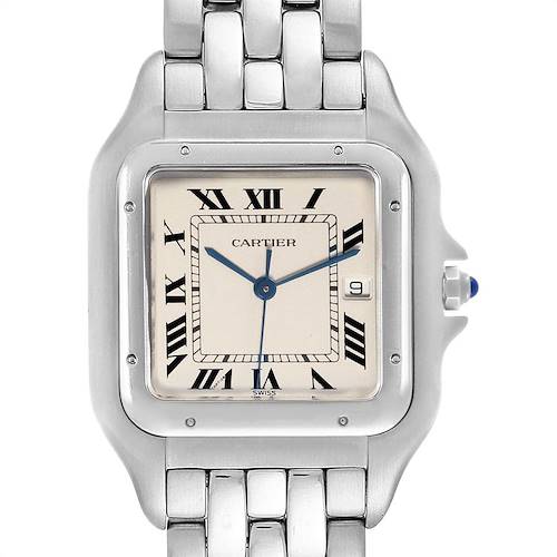 The image shows a close-up, front-facing view of a Cartier Panthere W25032P5 Men's Stainless Steel Silver Dial W25032P5 Men's Stainless Steel Silver Dial watch, highlighting its face, Roman numerals, date window, and bracelet.