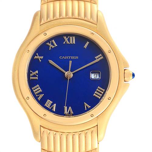 This image shows a front view of the Cartier Panthere W35019L3 Women's Yellow Gold Blue Dial W35019L3 Women's Yellow Gold Blue Dial watch, highlighting its blue dial, Roman numerals, and date window.