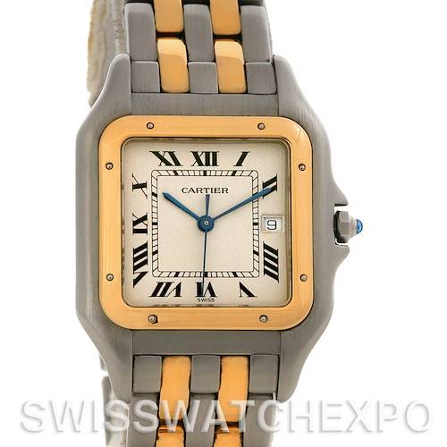 The image shows a frontal view of the Cartier Panthere W25028B6 Men's Steel and Gold (two tone) White Dial W25028B6 Men's Steel and Gold (two tone) White Dial watch, highlighting its dial, bezel, and two-tone bracelet.