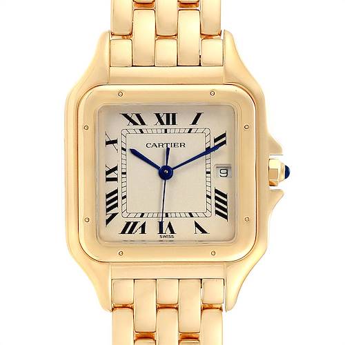 The image shows a front view of a Cartier Panthere W25014B9 Men's Yellow Gold Silver Dial W25014B9 Men's Yellow Gold Silver Dial watch, highlighting its gold case, bracelet, and white dial with Roman numerals.
