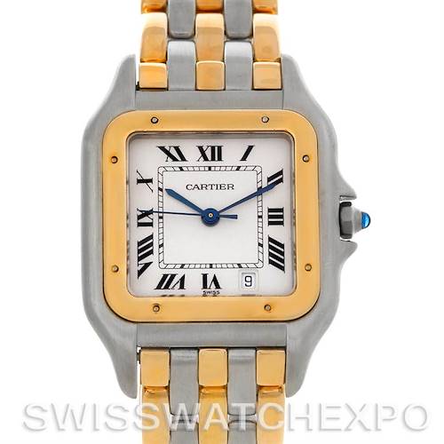 This image shows a frontal view of the Cartier Panthere Men's Steel and Gold (two tone) Silver Dial Men's Steel and Gold (two tone) Silver Dial model watch, highlighting the dial, bezel, and part of the bracelet.