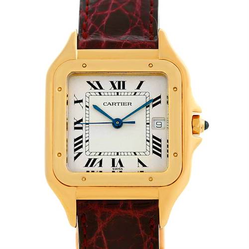 This image shows a front view of the Cartier Panthere W25014B9 Men's Yellow Gold Silver Dial W25014B9 Men's Yellow Gold Silver Dial watch, highlighting its gold case, Roman numeral dial, and red leather strap.