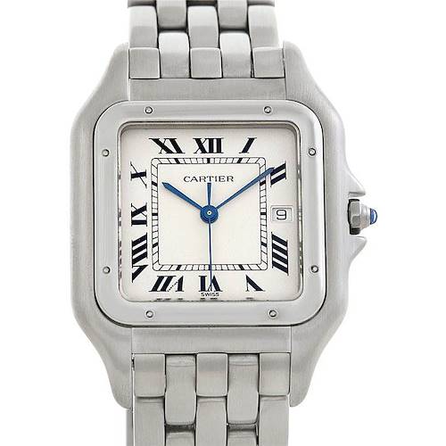 The image shows a front view of a Cartier Panthere W25032P5 Men's Stainless Steel Silver Dial W25032P5 Men's Stainless Steel Silver Dial watch, highlighting its dial, Roman numerals, blue hands, date window, and part of the bracelet.