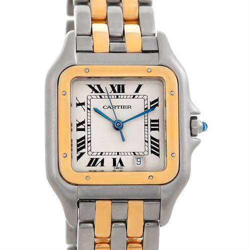 The image shows a close-up of the Cartier Panthere W25028B6 Men's Steel and Gold (two tone) Silver Dial W25028B6 Men's Steel and Gold (two tone) Silver Dial watch, focusing on its dial, bezel, and part of the bracelet.