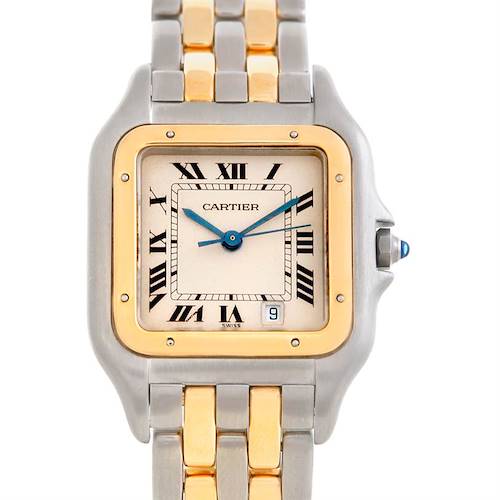 The image shows a front view of a Cartier Panthere W25028B6 Men's Steel and Gold (two tone) Beige Dial W25028B6 Men's Steel and Gold (two tone) Beige Dial watch, displaying its face, bezel, and parts of the bracelet.