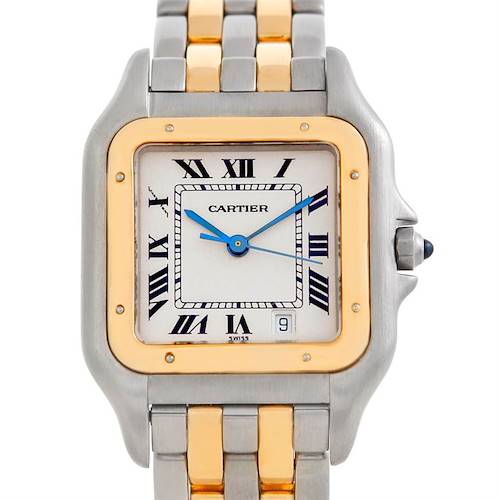 This image shows the face and part of the two-tone band of the Cartier Panthere W25028B6 Men's Steel and Gold (two tone) Beige Dial W25028B6 Men's Steel and Gold (two tone) Beige Dial model watch, focusing on the dial and bezel.