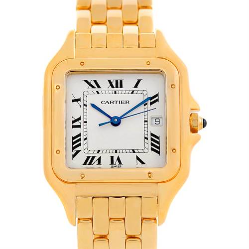 This image shows a frontal view of the Cartier Panthere W25014B9 Men's Yellow Gold Silver Dial W25014B9 Men's Yellow Gold Silver Dial model watch, including the face, dial, and part of the bracelet.