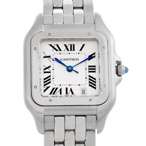 This is a frontal view of the Cartier Panthere W25054P5 Men's Stainless Steel Silver Dial W25054P5 Men's Stainless Steel Silver Dial watch, showcasing its face, Roman numerals, blue hands, date window, and metal bracelet.