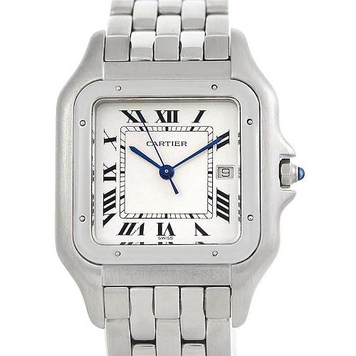 This image shows the front view of a Cartier Panthere W25032P5 Men's Stainless Steel Silver Dial W25032P5 Men's Stainless Steel Silver Dial watch, highlighting the face, bezel, and portion of the bracelet.