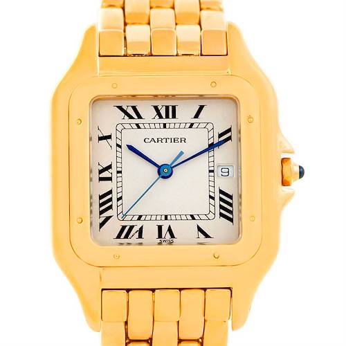 This image shows a frontal view of a Cartier Panthere Men's Yellow Gold Silver Dial Men's Yellow Gold Silver Dial watch, highlighting its gold case, Roman numeral dial, and bracelet.