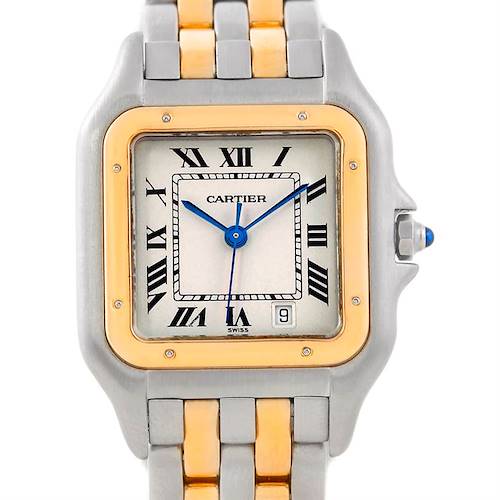 The image shows a close-up of the Cartier Panthere W25028B6 Men's Steel and Gold (two tone) Beige Dial W25028B6 Men's Steel and Gold (two tone) Beige Dial watch face and part of the two-tone bracelet.