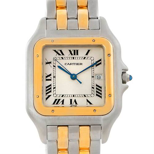 This is a front view of the Cartier Panthère watch, showcasing its face, Roman numeral dial, and two-tone metal bracelet.