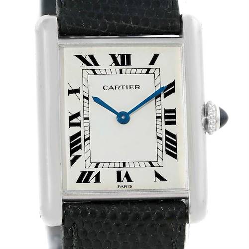 The image shows a front view of a Cartier Tank Classic Men's White Gold Beige Dial Men's White Gold Beige Dial watch, displaying the face, bezel, hands, and part of the leather strap.