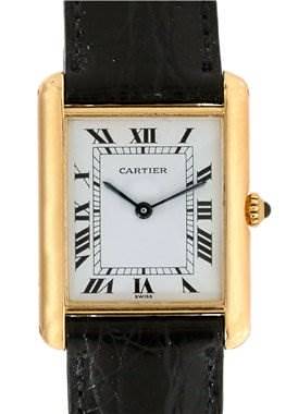 The image shows a Cartier Tank Classic Men's Steel and Gold (two tone) White Dial Men's Steel and Gold (two tone) White Dial watch from a front angle, highlighting the rectangular face, Roman numerals, and black leather strap.