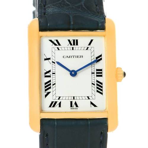 The image shows a frontal view of the Cartier Tank Classic Men's Yellow Gold White Dial Men's Yellow Gold White Dial watch, displaying the dial, case, strap, and crown.
