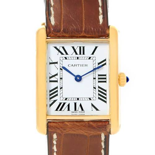 The image shows a Cartier Tank Classic Yellow Gold White Dial Yellow Gold White Dial watch from a frontal angle, highlighting its square dial, Roman numerals, and leather strap.