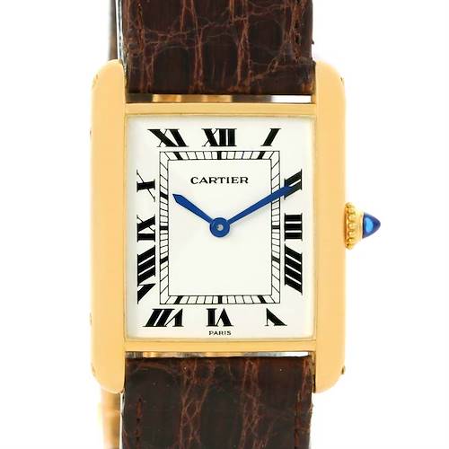 This image shows a front view of the Cartier Tank Classic Men's Yellow Gold White Dial Men's Yellow Gold White Dial watch, displaying the dial, hands, case, and part of the strap.