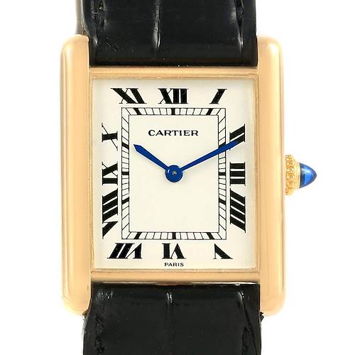 This image shows a front view of the Cartier Tank Classic Men's Yellow Gold White Dial Men's Yellow Gold White Dial watch, highlighting the watch face, Roman numeral markers, and blue hands.