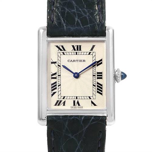 The image shows a front-angle view of the Cartier Tank Classic Men's Platinum Silver Dial Men's Platinum Silver Dial watch, featuring its face, hands, and part of the leather strap.