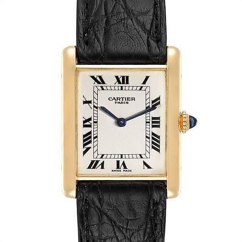 This image shows a front view of a Cartier Tank Classic Men's Yellow Gold Silver Dial Men's Yellow Gold Silver Dial watch, featuring its rectangular face, Roman numerals, and leather strap.