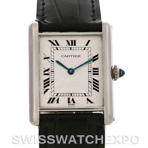 This image shows a frontal view of the Cartier Tank Classic Men's Platinum Silver Dial Men's Platinum Silver Dial watch, highlighting its face, bezel, and leather strap.