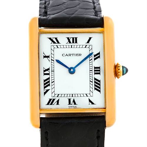 The image shows a front view of the Cartier Tank Classic Men's Yellow Gold Silver Dial Men's Yellow Gold Silver Dial watch, highlighting its rectangular dial with Roman numerals and a leather strap.