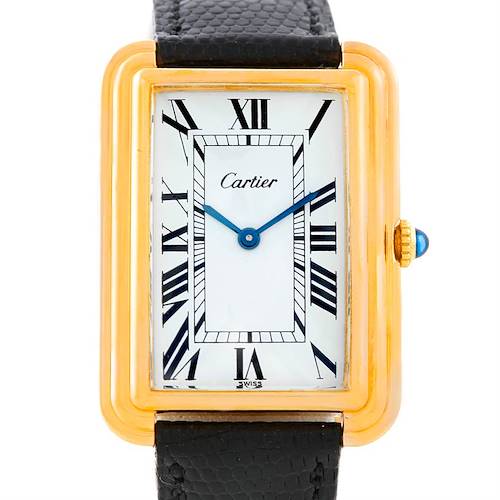 The image shows a frontal view of the Cartier Tank Classic Men's Yellow Gold White Dial Men's Yellow Gold White Dial watch, displaying its face, bezel, crown, and part of the strap.