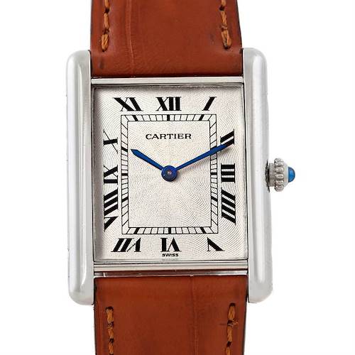 The image shows a frontal view of the Cartier Tank Classic Men's Platinum Silver Dial Men's Platinum Silver Dial model with its rectangular dial and leather strap.