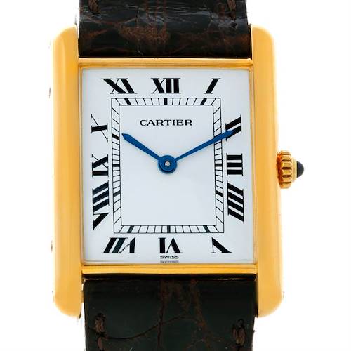 The image shows a frontal view of a Cartier Tank Classic 810521619 Yellow Gold White Dial 810521619 Yellow Gold White Dial watch, highlighting the dial, case, and part of the leather strap.