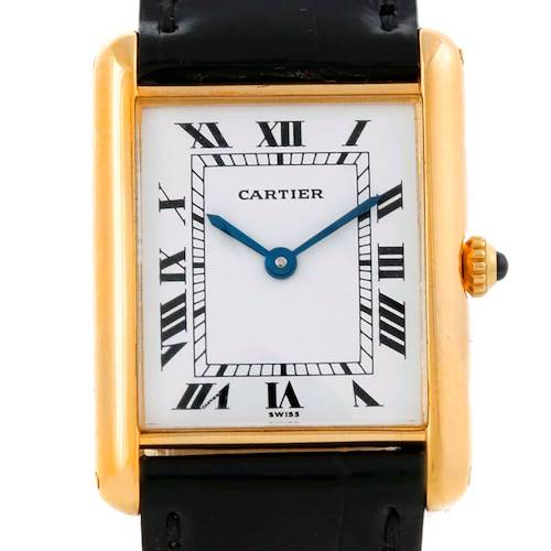 The image shows a frontal view of the Cartier Tank Classic Men's Yellow Gold White Dial Men's Yellow Gold White Dial watch, displaying its rectangular face, Roman numerals, and blue hands.