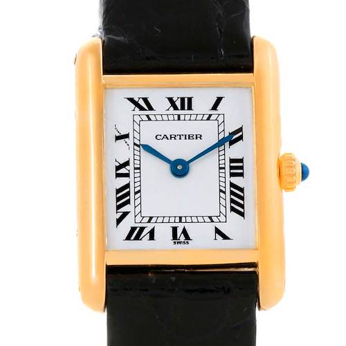 The image shows a front view of the Cartier Tank Classic Women's Yellow Gold White Dial Women's Yellow Gold White Dial watch with the case, dial, crown, and watch strap visible.