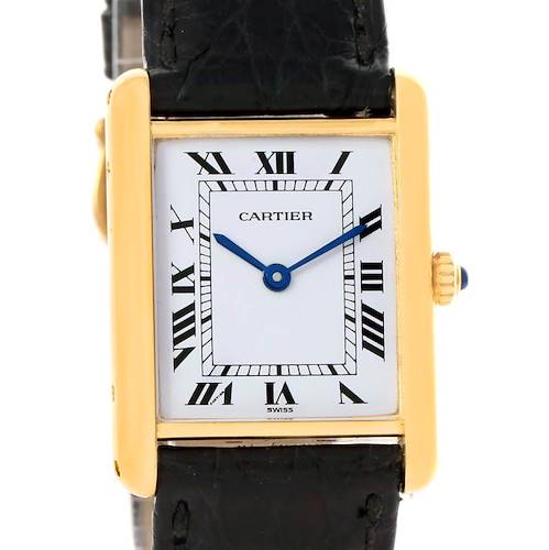 This image shows a frontal view of the Cartier Tank Classic Yellow Gold White Dial Yellow Gold White Dial watch, highlighting its rectangular face, Roman numerals, and gold casing.