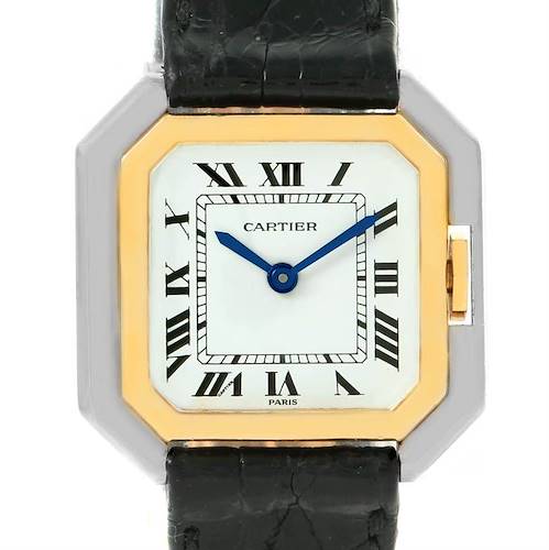 The image shows a close-up, front view of the Cartier Tank Classic Women's Yellow Gold White Dial Women's Yellow Gold White Dial watch, showcasing its face, hands, and part of the leather strap.