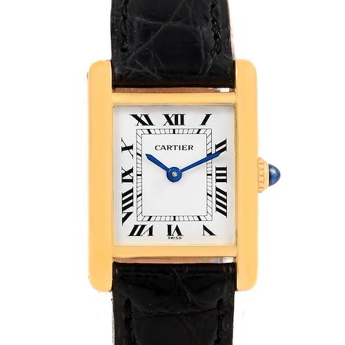 This image shows a frontal view of the Cartier Tank Classic Women's Yellow Gold White Dial Women's Yellow Gold White Dial watch, highlighting its face, Roman numerals, and black leather strap.