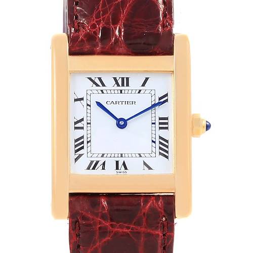 This is a front view of the Cartier Tank Classic Women's Yellow Gold White Dial Women's Yellow Gold White Dial watch, showing its rectangular face, gold case, and embossed leather strap.