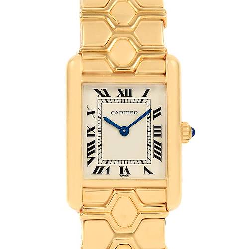This image shows a close-up front view of the Cartier Tank Classic Women's Yellow Gold Silver Dial Women's Yellow Gold Silver Dial watch, highlighting its dial, hands, and a portion of the bracelet.