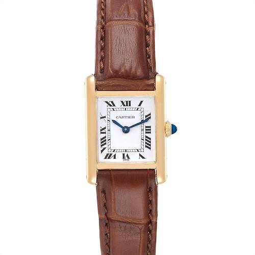 This image shows a Cartier Tank Classic Women's Yellow Gold White Dial Women's Yellow Gold White Dial watch from a frontal perspective, highlighting its gold case and brown leather strap.
