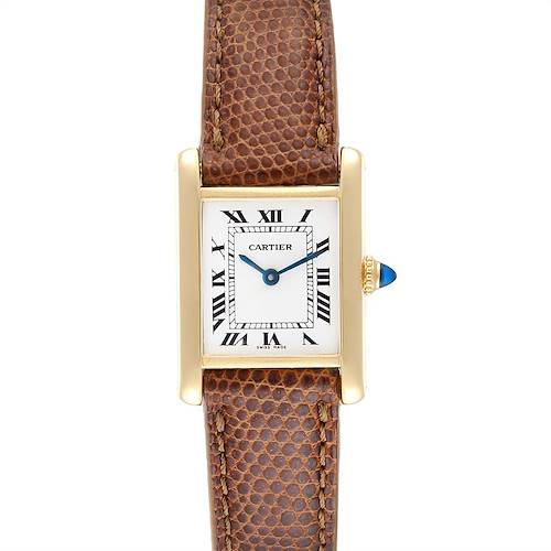 This image shows a front view of the Cartier Tank Classic Women's Yellow Gold White Dial Women's Yellow Gold White Dial watch, highlighting the dial, hands, strap, and gold case.