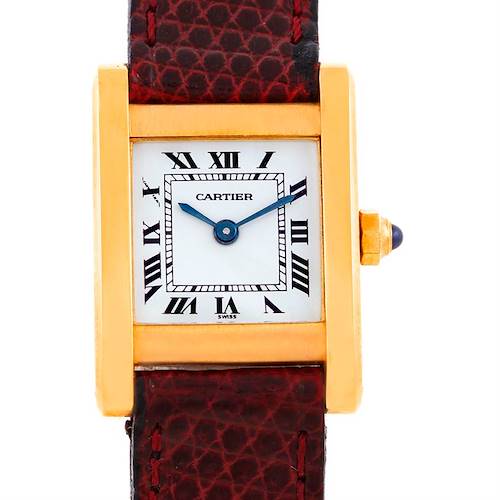 This image shows a front view of the Cartier Tank Classic Women's Yellow Gold White Dial Women's Yellow Gold White Dial watch, highlighting the face, bezel, and strap.